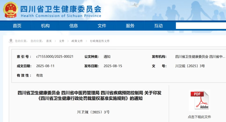 2025 年四川省卫生健康行政处罚裁量权基准实施规则